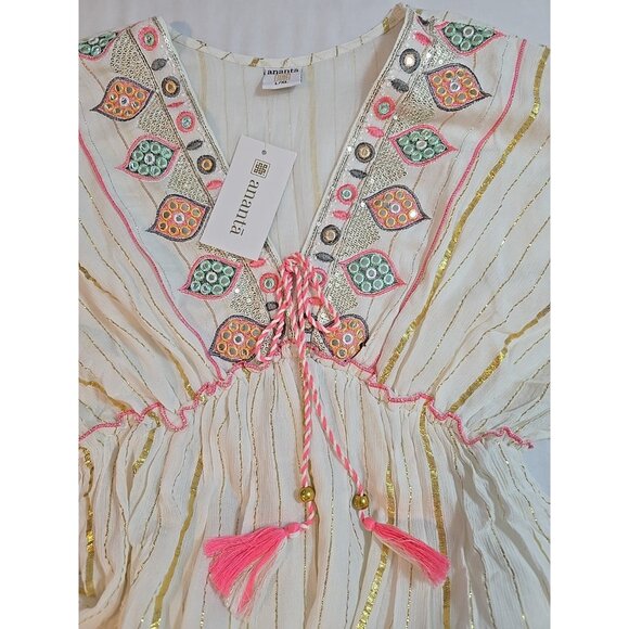 ananta size L/XL cream Boho flowy maxi dress‎ embroidered gold striped New - Picture 16 of 16
